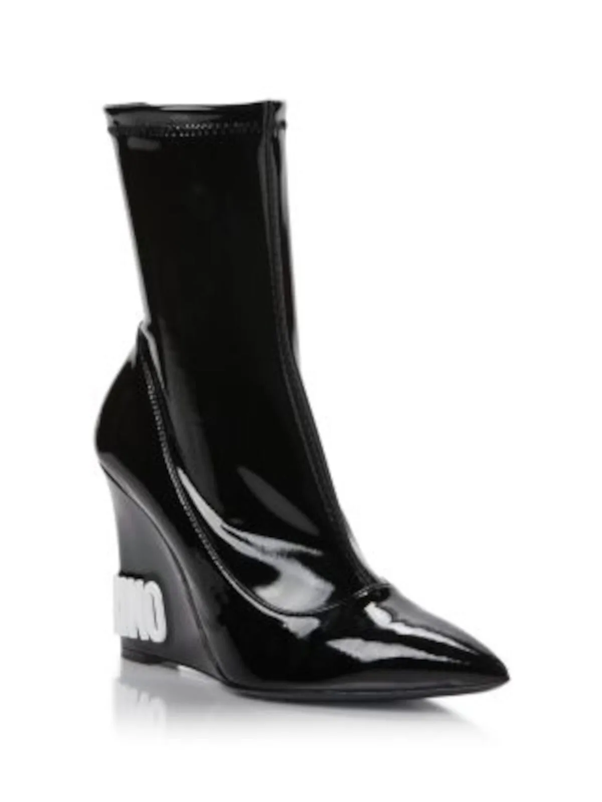 MOSCHINO Womens Black Contrast Logo On Heel Padded Pointed Toe Wedge Heeled Boots