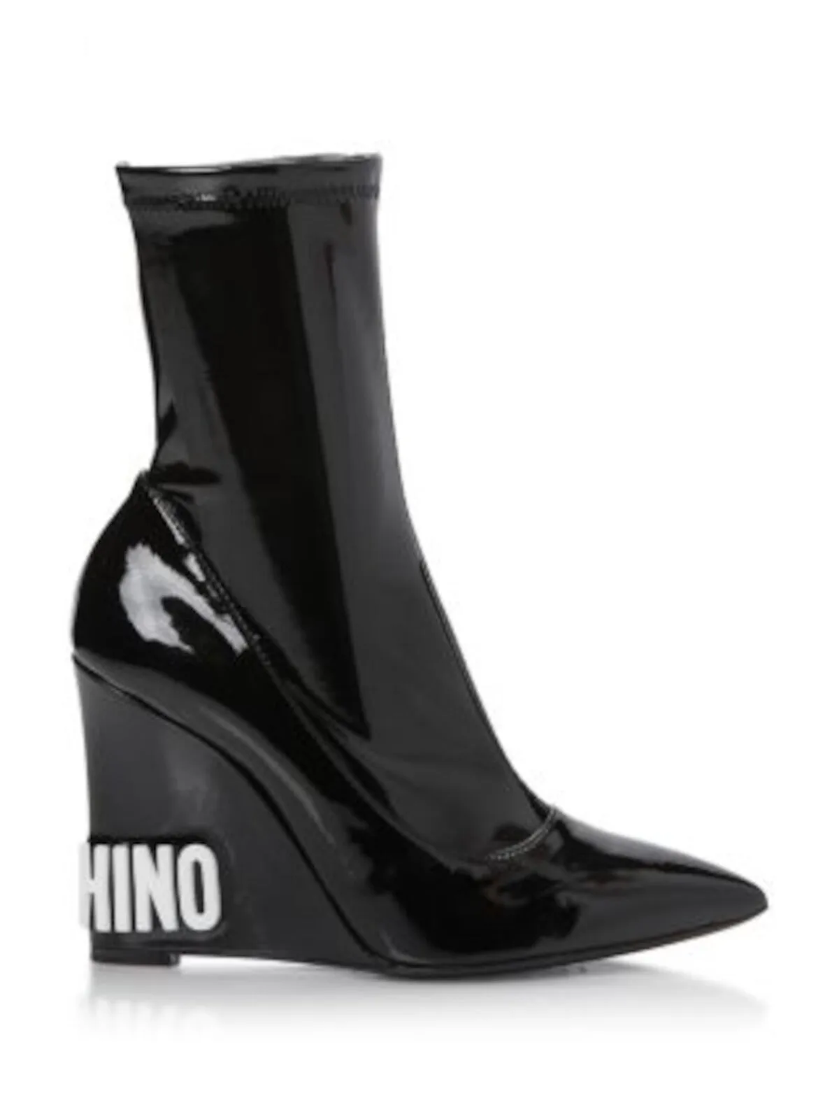 MOSCHINO Womens Black Contrast Logo On Heel Padded Pointed Toe Wedge Heeled Boots