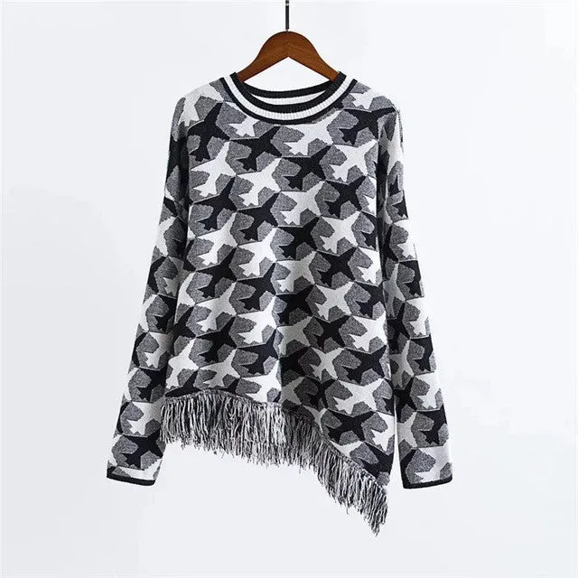 New Fashion Female Pullovers Knitted Long Sleeve O-neck Plaid Winter Tassel Irregular Sweaters 72048 SM6