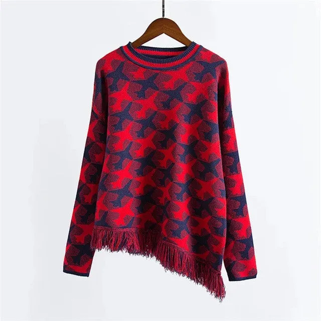 New Fashion Female Pullovers Knitted Long Sleeve O-neck Plaid Winter Tassel Irregular Sweaters 72048 SM6