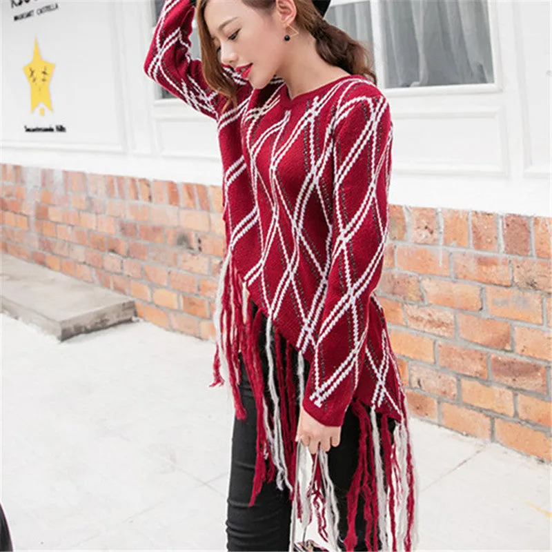 New Fashion Female Pullovers Knitted Long Sleeve O-neck Plaid Winter Tassel Irregular Sweaters 72048 SM6