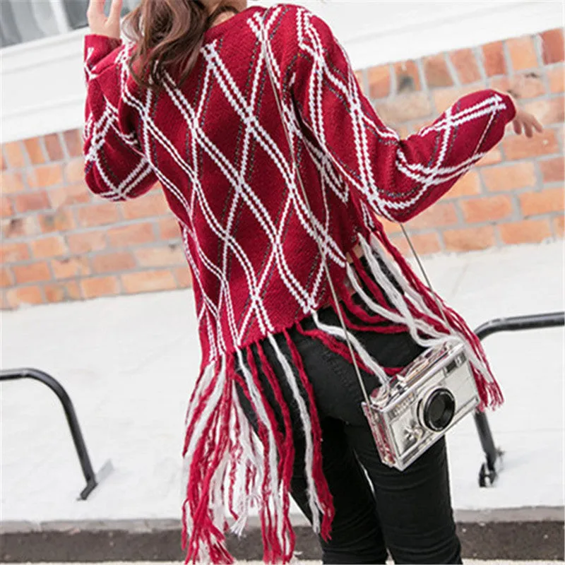 New Fashion Female Pullovers Knitted Long Sleeve O-neck Plaid Winter Tassel Irregular Sweaters 72048 SM6