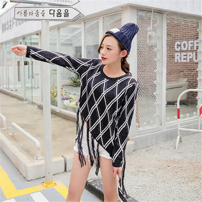 New Fashion Female Pullovers Knitted Long Sleeve O-neck Plaid Winter Tassel Irregular Sweaters 72048 SM6