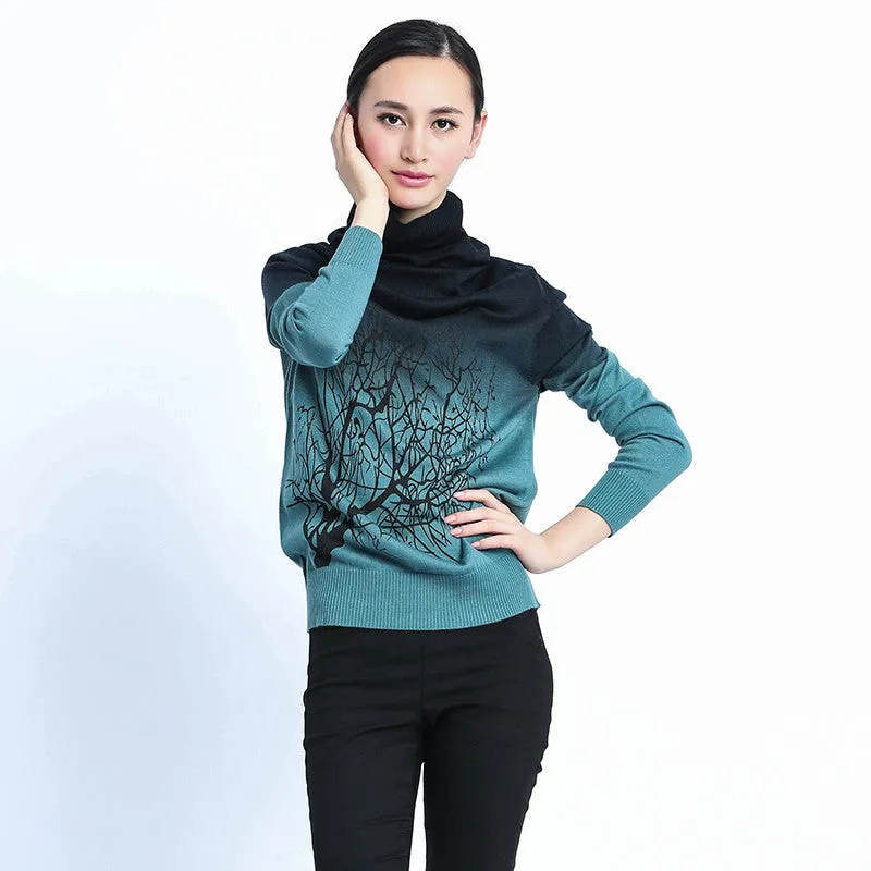 New Fashion Women Pullovers  Autumn Turtleneck Tree Pattern Print Gradient Plus Size SweatersCasual Knitted Tops 70104 SM6