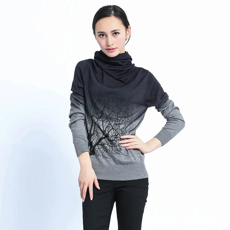 New Fashion Women Pullovers  Autumn Turtleneck Tree Pattern Print Gradient Plus Size SweatersCasual Knitted Tops 70104 SM6