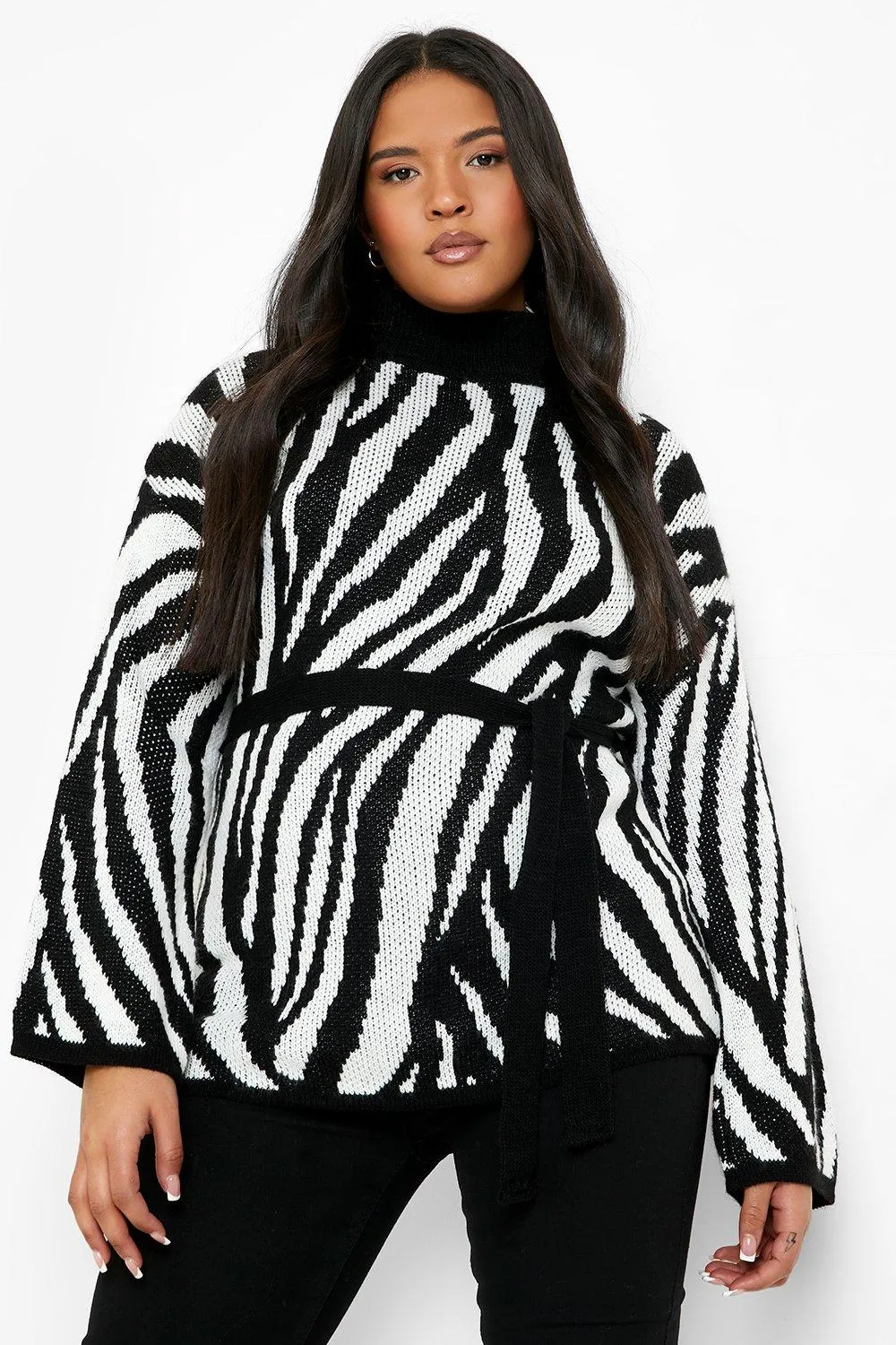 Plus Zebra Turtleneck Belted Sweater