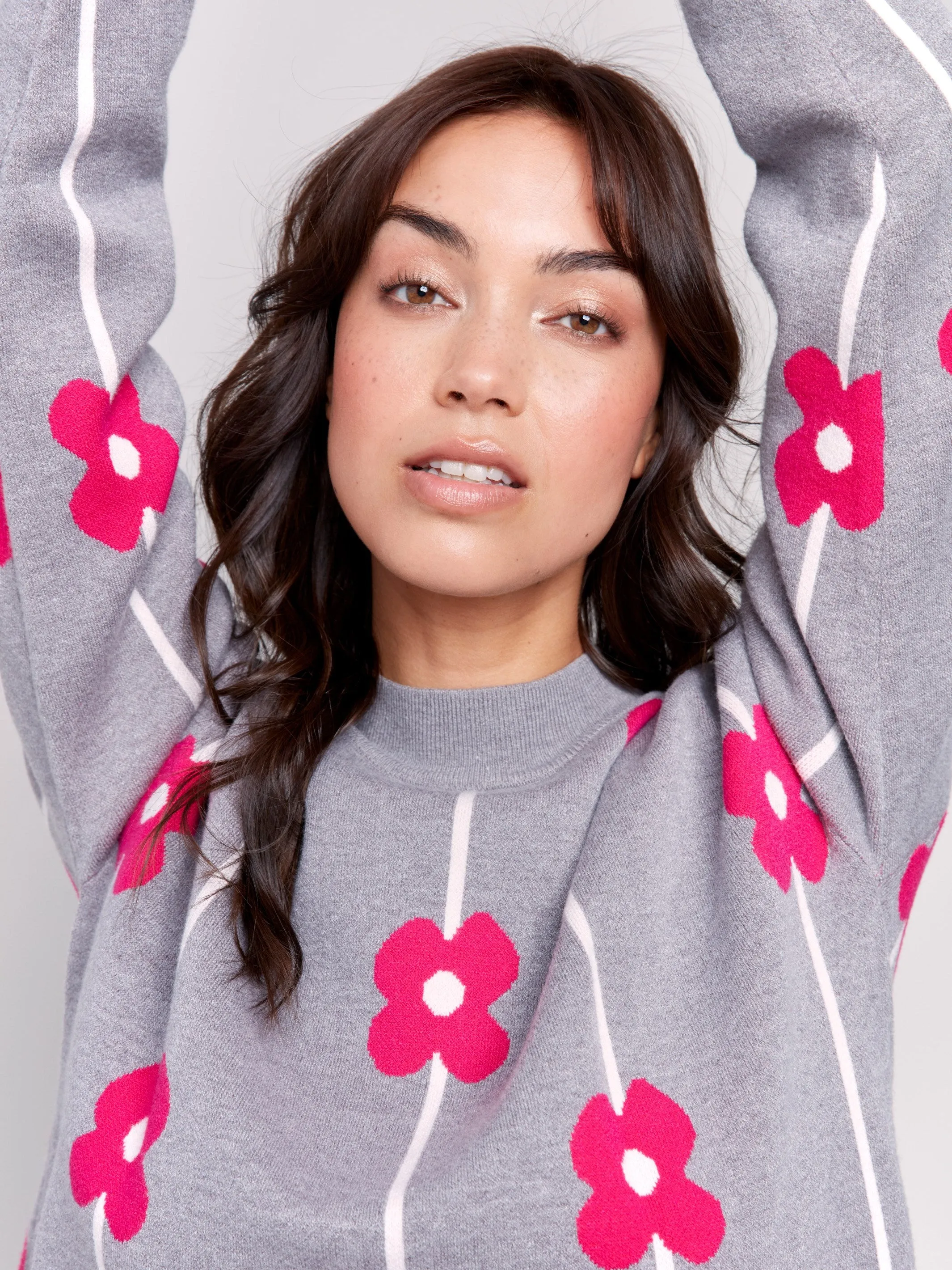 Plush Floral Print Sweater - Grey