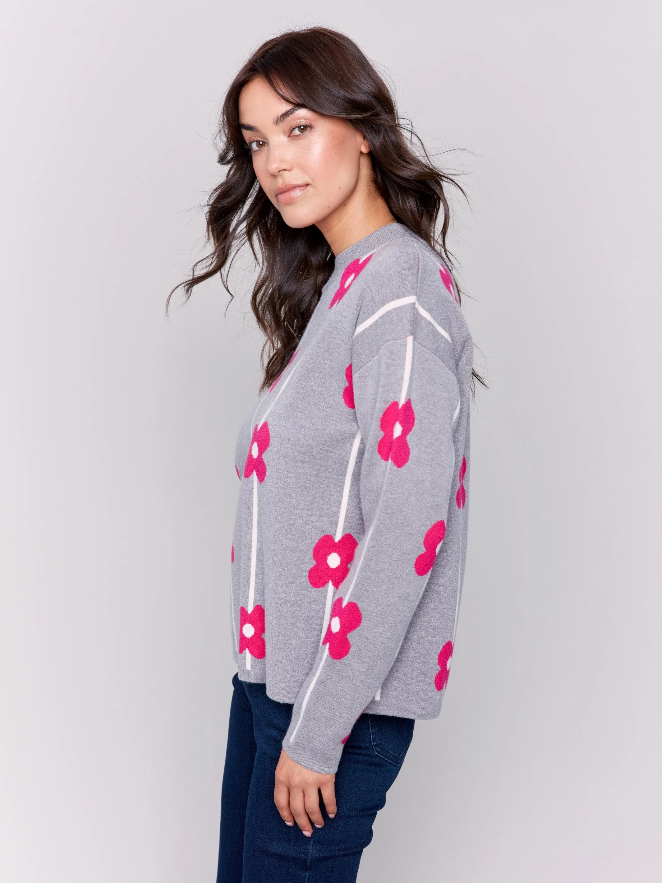 Plush Floral Print Sweater - Grey