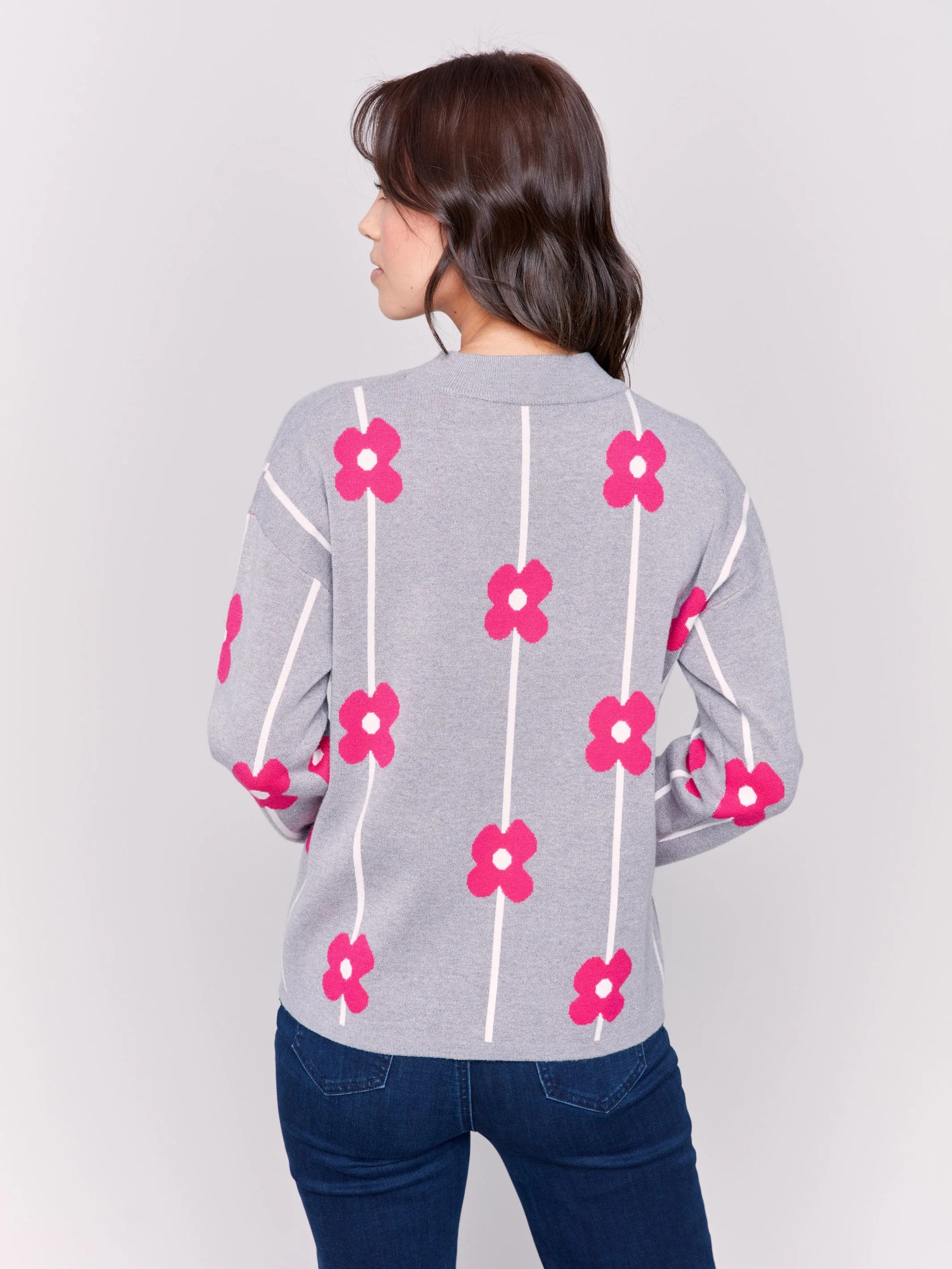 Plush Floral Print Sweater - Grey