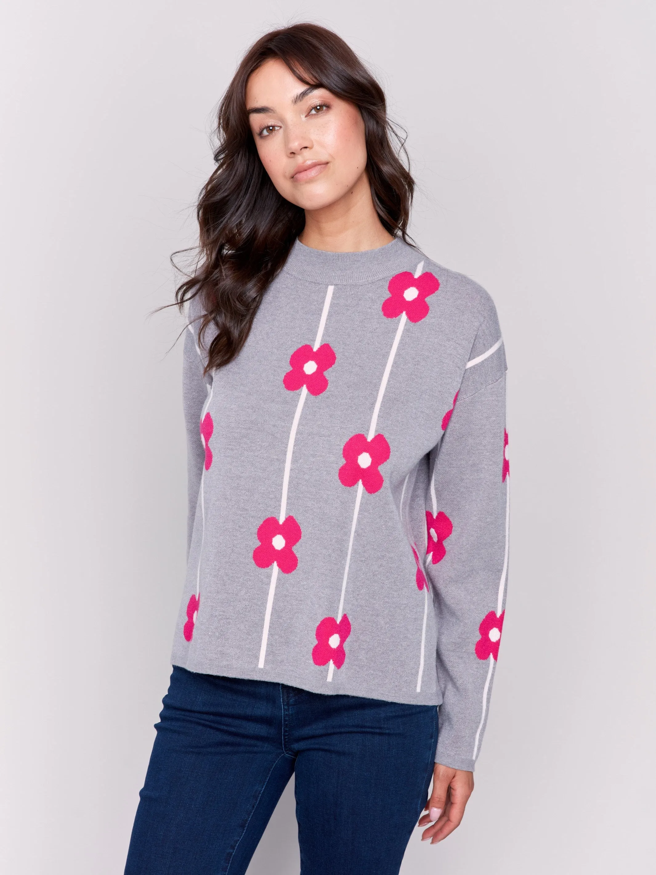 Plush Floral Print Sweater - Grey