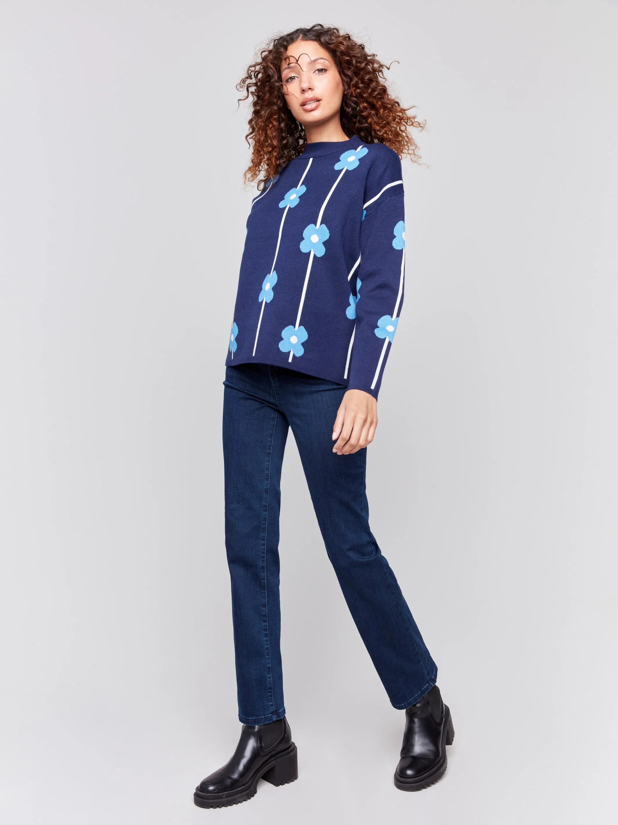 Plush Floral Print Sweater - Navy