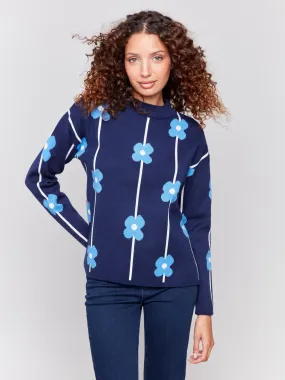 Plush Floral Print Sweater - Navy