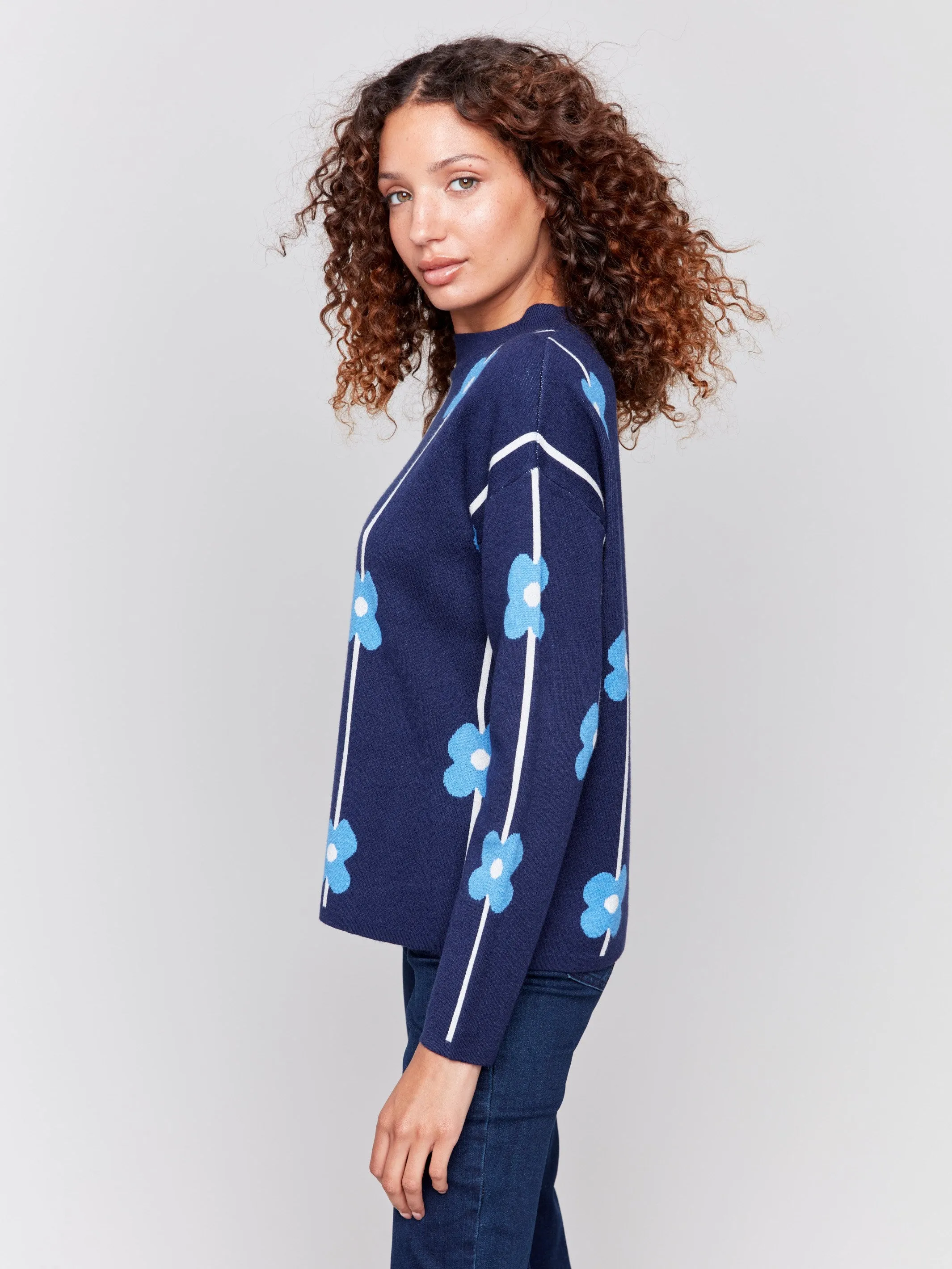 Plush Floral Print Sweater - Navy