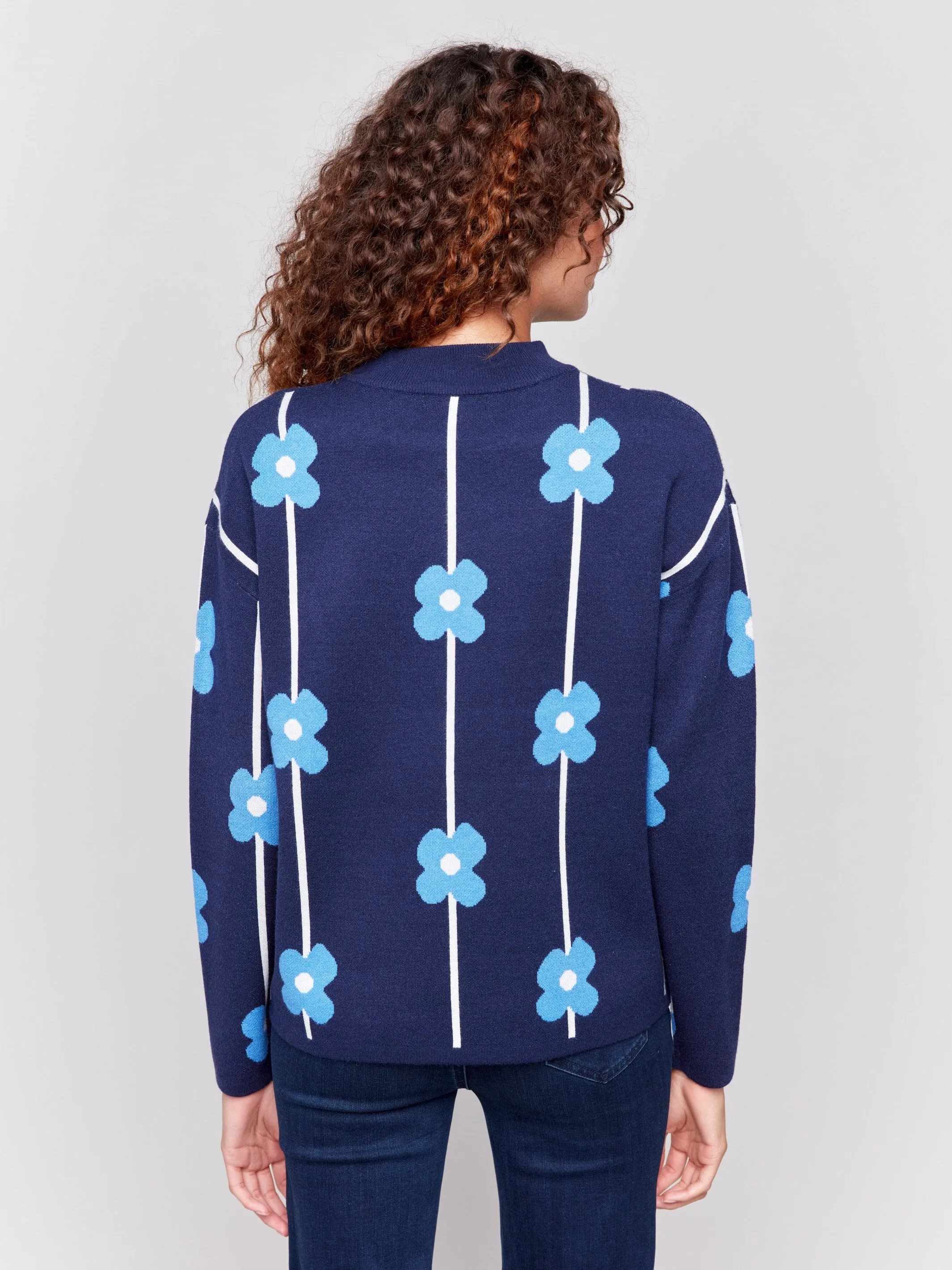 Plush Floral Print Sweater - Navy