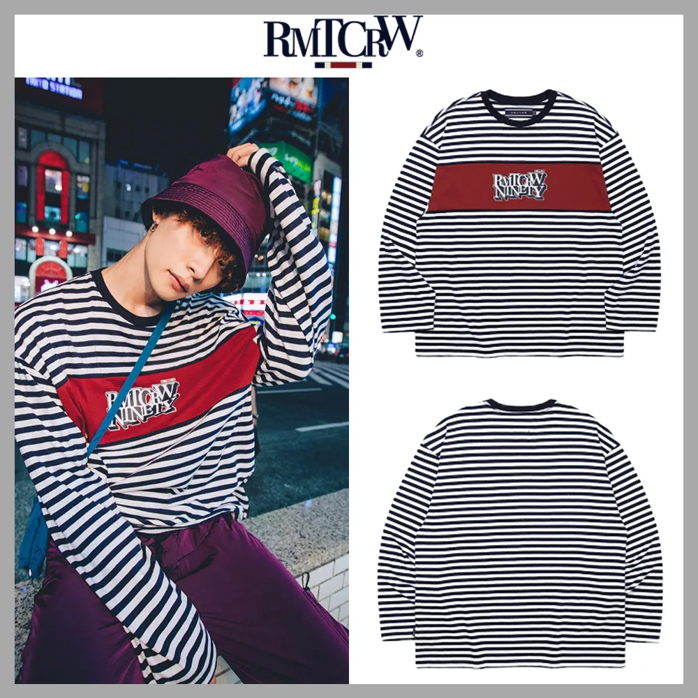 ROMANTIC CROWN  |Crew Neck Stripes Unisex Blended Fabrics Street Style