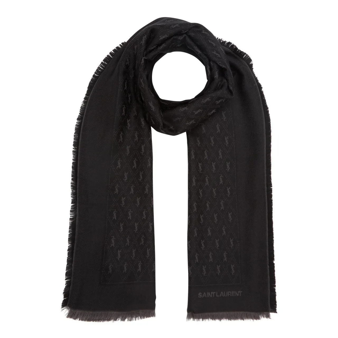 SAINT LAURENT Logo Fringed Scarf - Black 1061