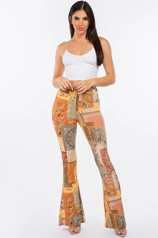 SALE Boho Squared Bandana Printed PullOn Hippie Flare Pants Leggings Layering Comfy