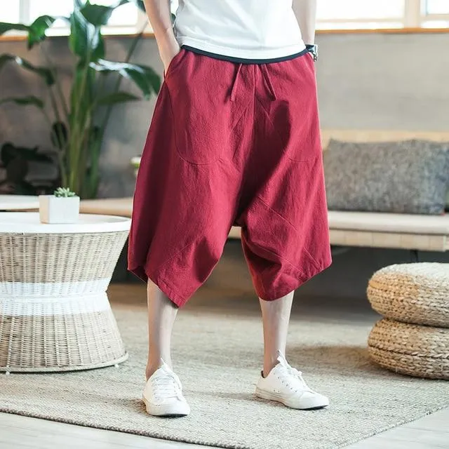 Sinicism Men's Wild Crotch Pure Cotton Harem Summer Baggy Plus Size Pants