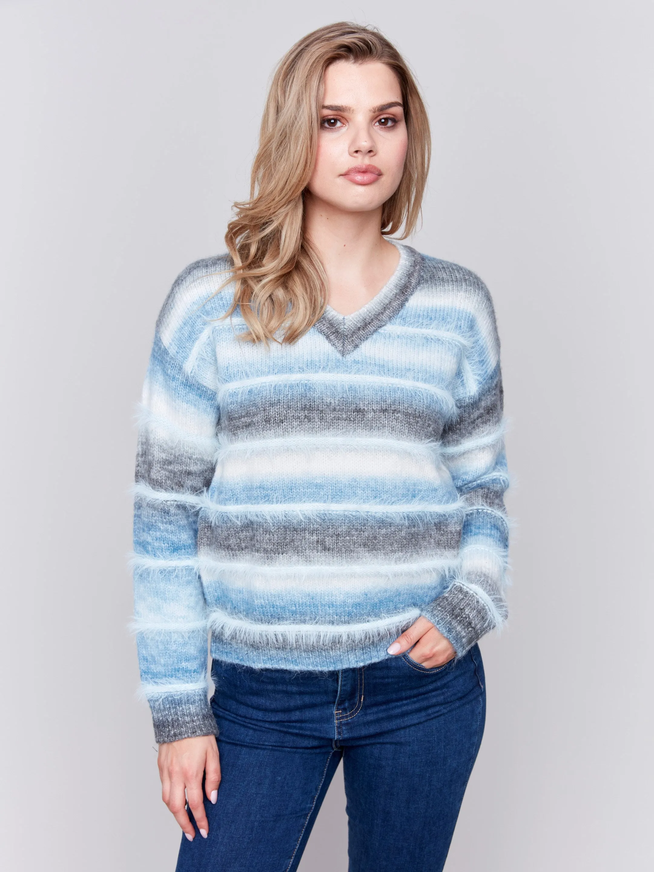 Space Dye Sweater with Striped Eyelash Yarn - Frost