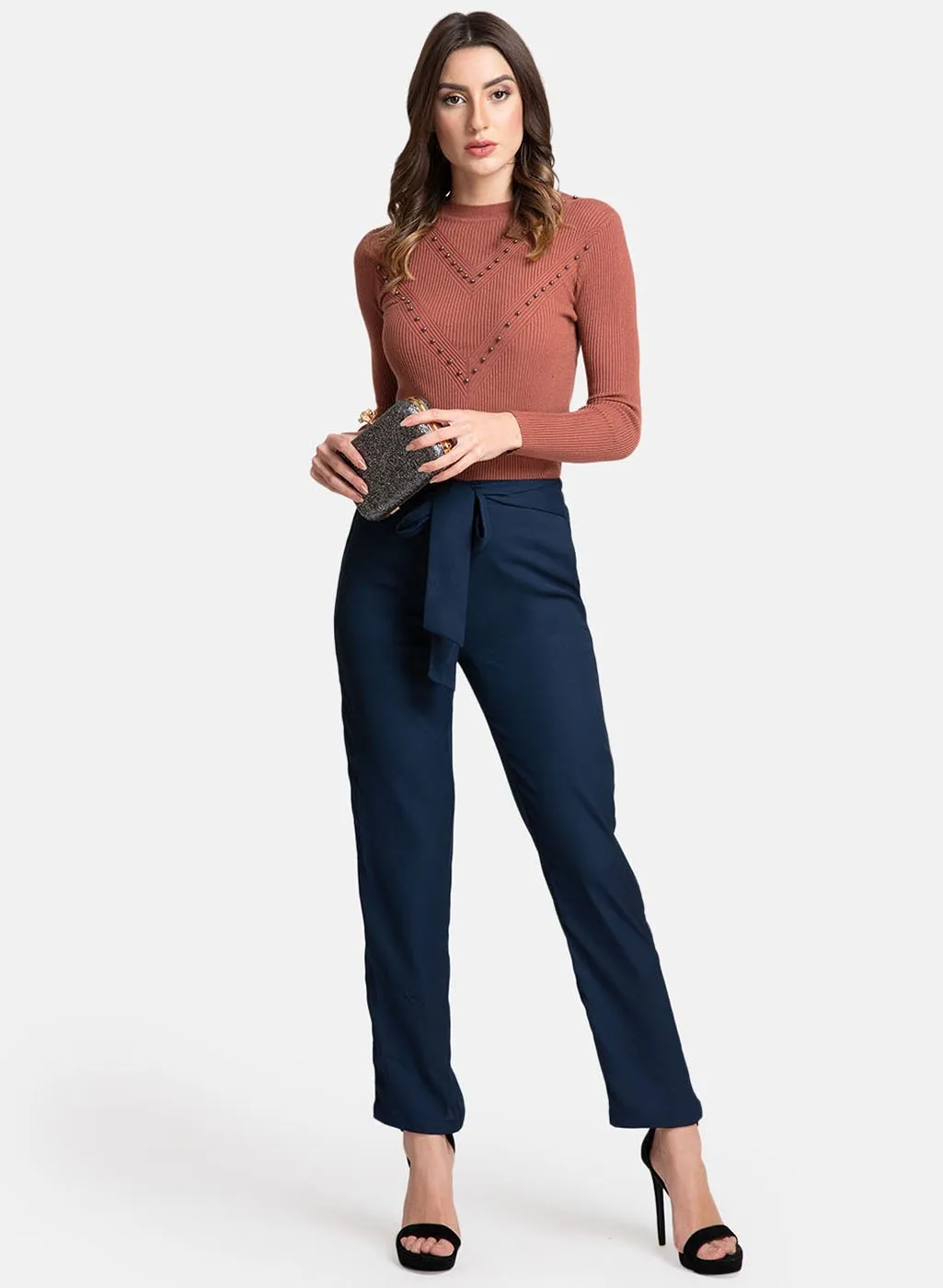 Straight Fit Trousers With Self-Tie