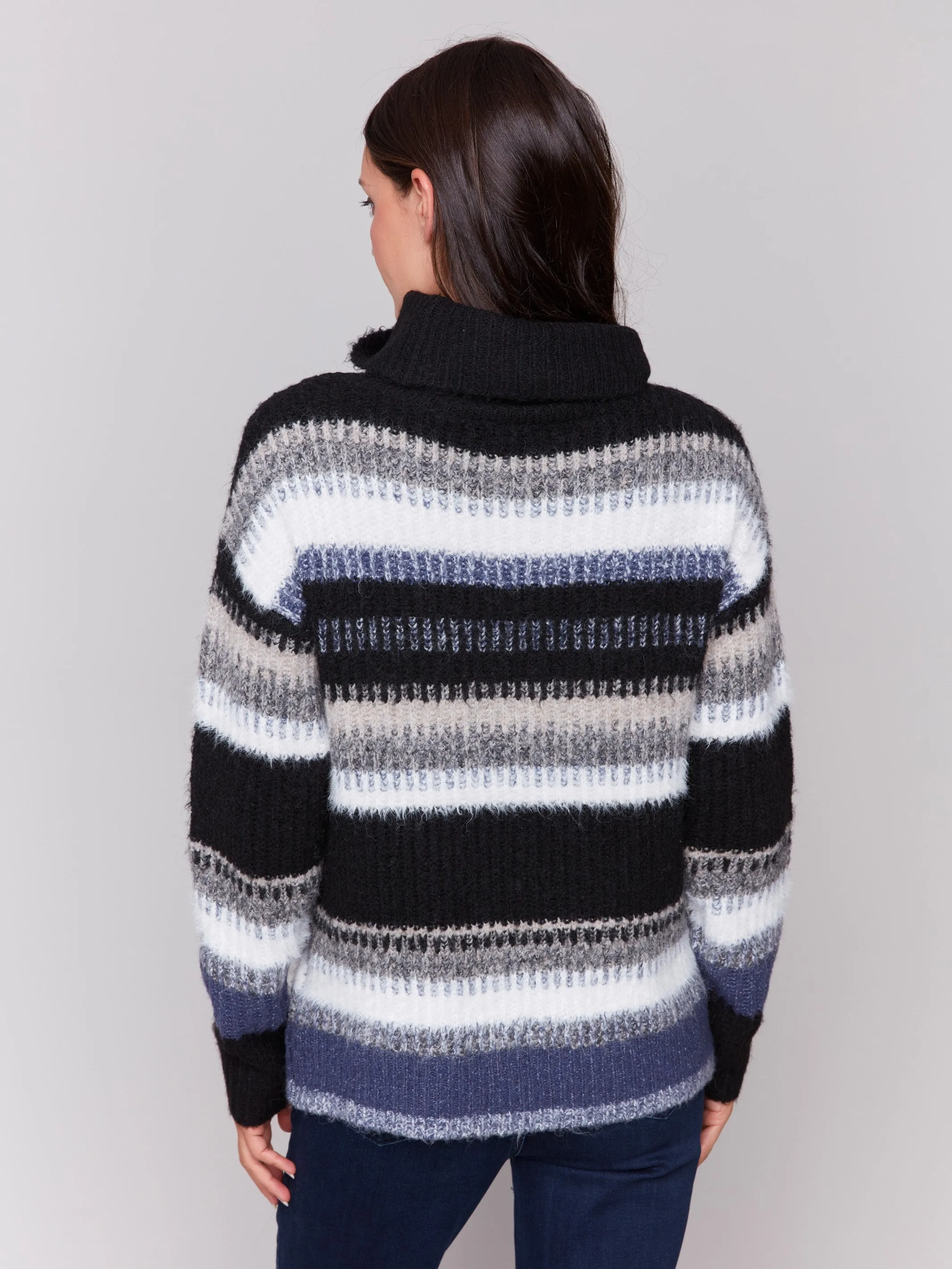 Striped Cowl Neck Sweater - Navy