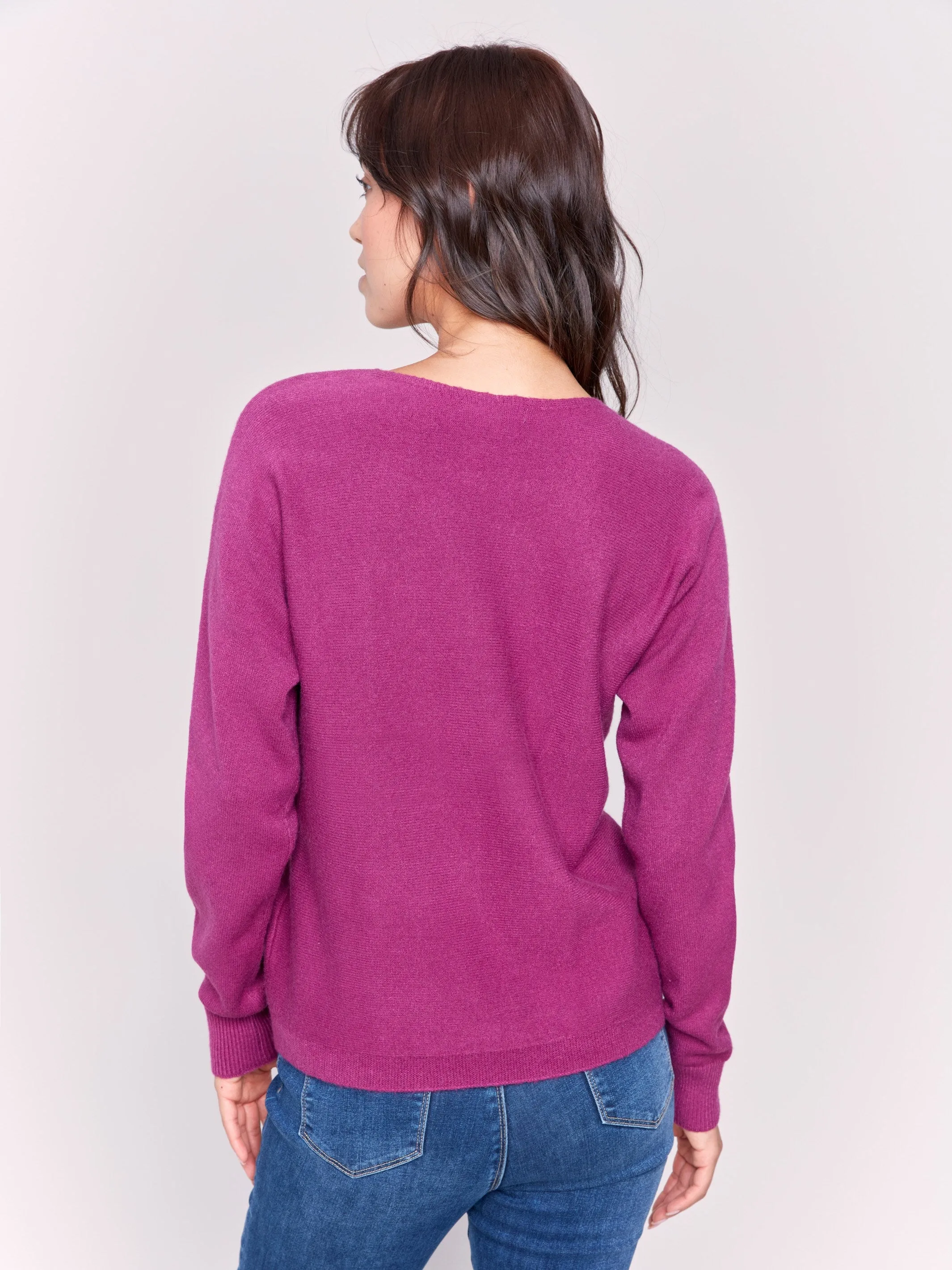 Sweater with Fringed Embroidery - Mulberry