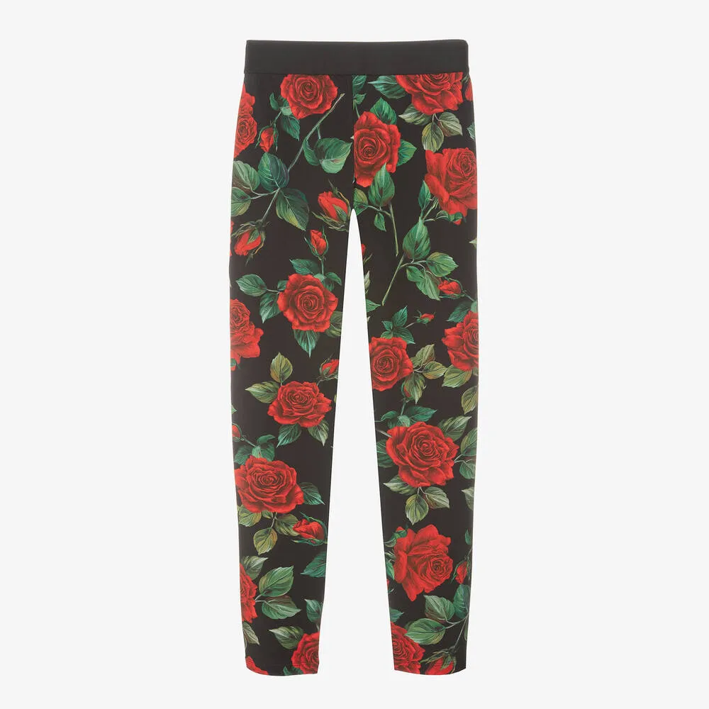 Teen Girls Black Cotton Rose Leggings