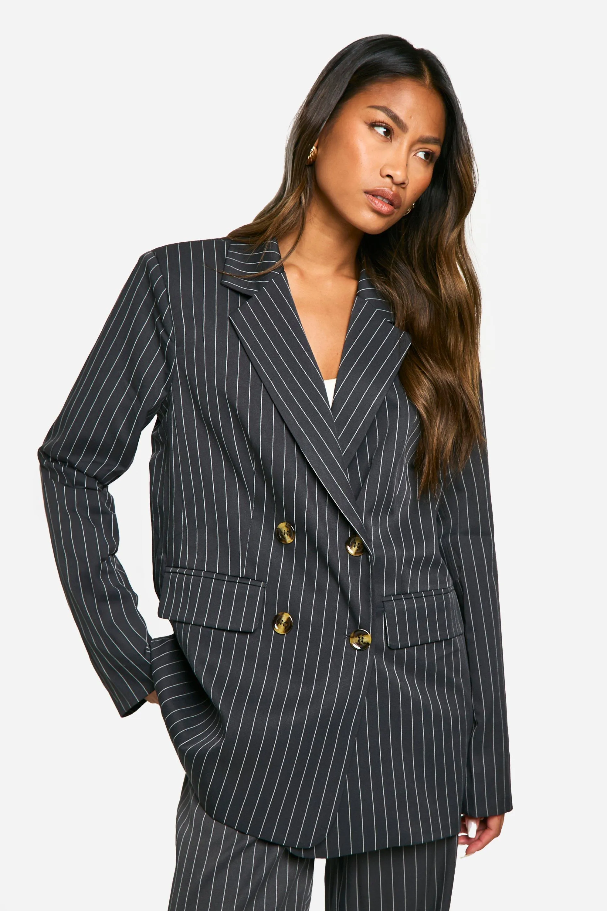 Tonal Pinstripe Oversized Double Breasted Tailored Blazer