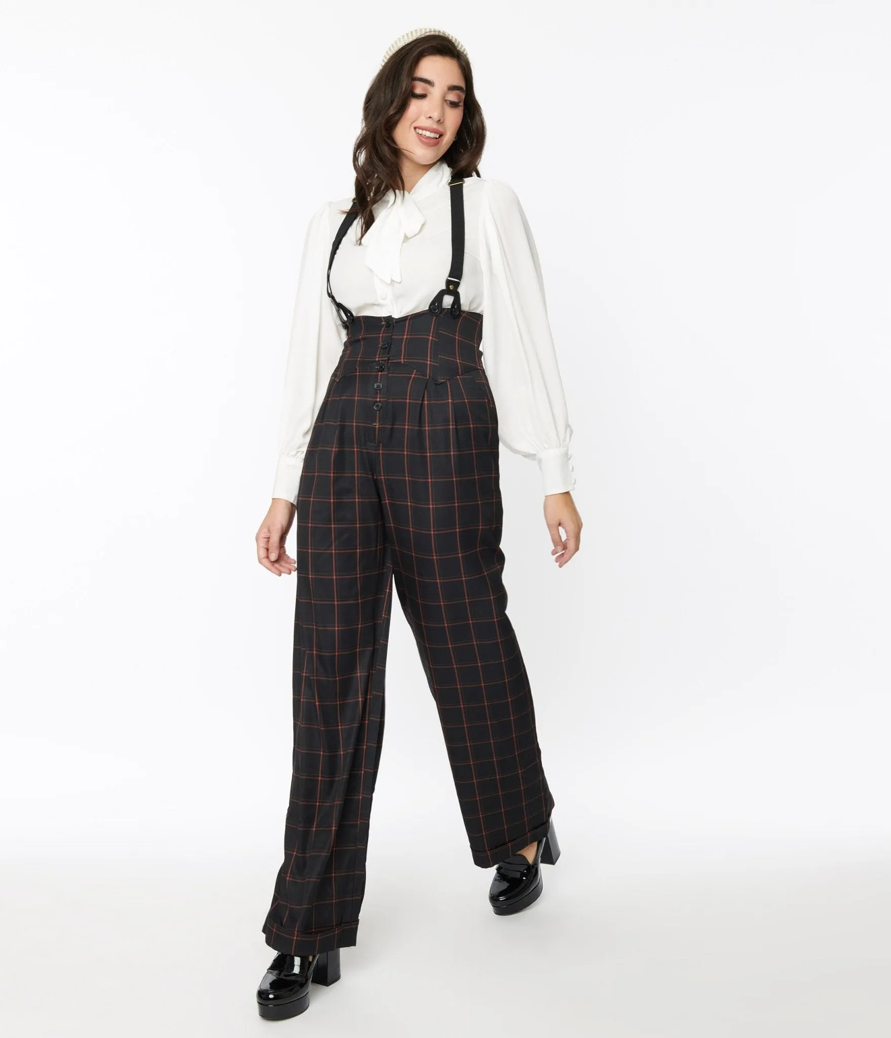 Unique Vintage Black & Orange Windowpane Thelma Suspender Pants