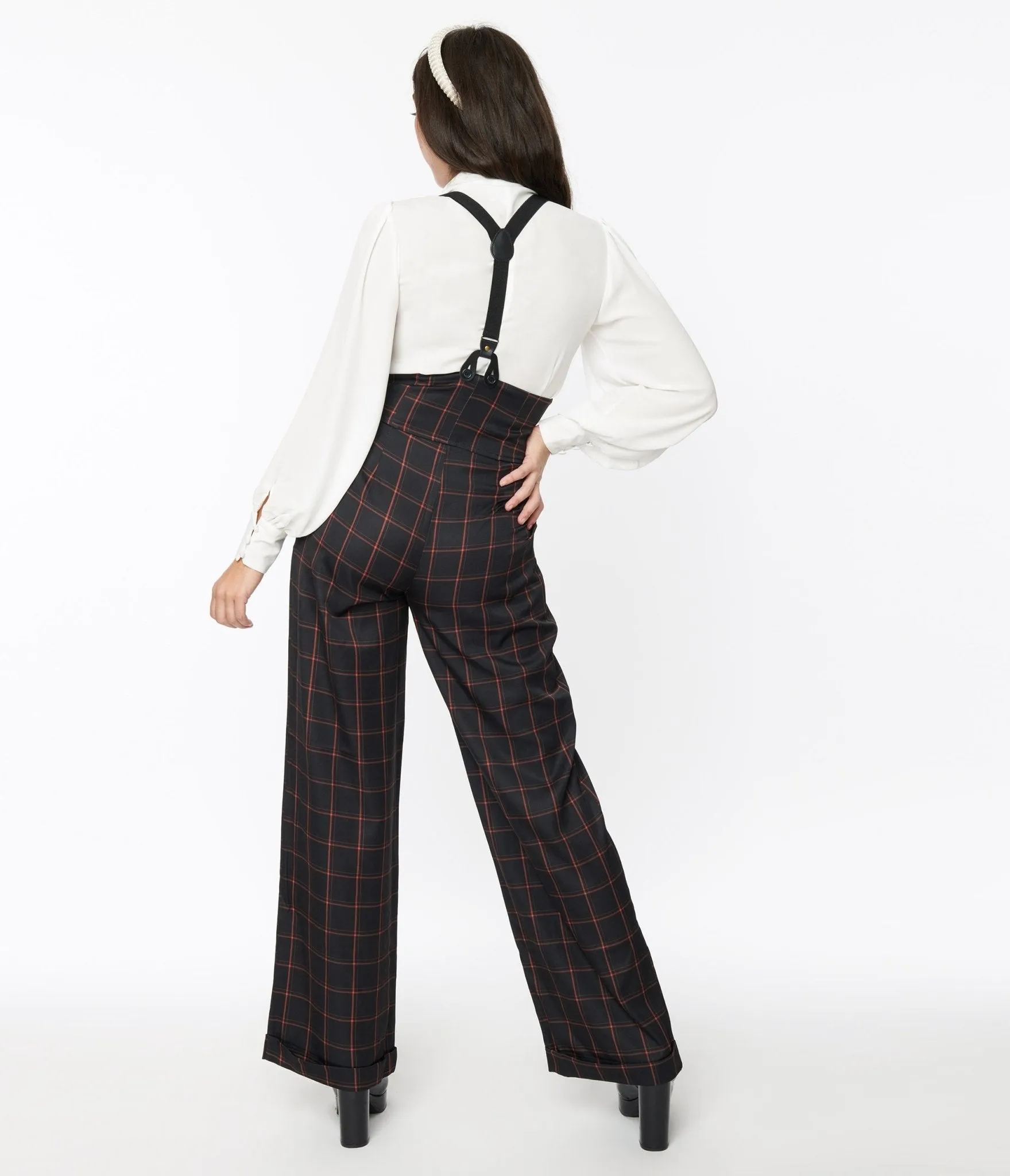 Unique Vintage Black & Orange Windowpane Thelma Suspender Pants