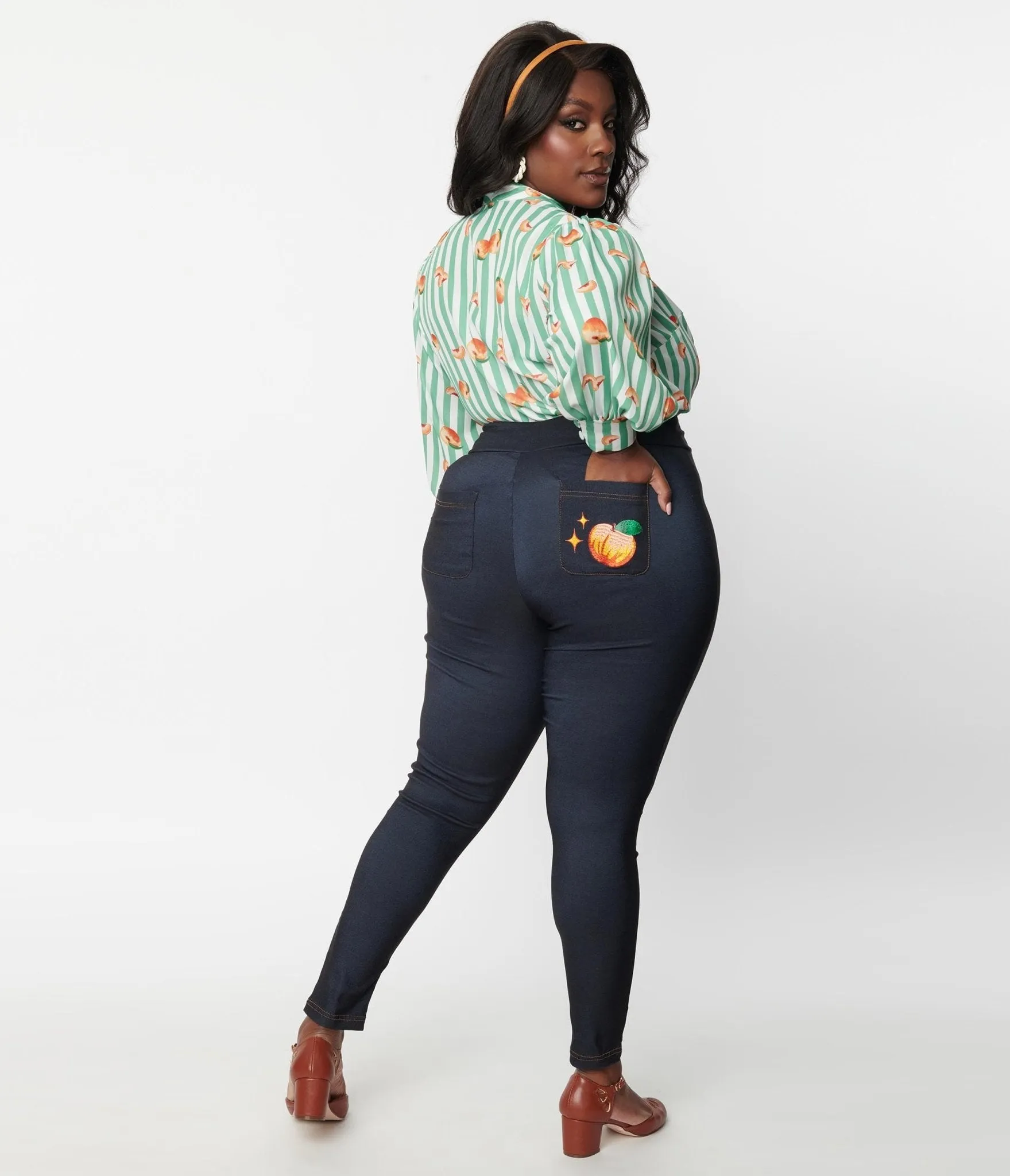 Unique Vintage Plus Size Denim Bengaline & Peach Rizzo Cigarette Pants