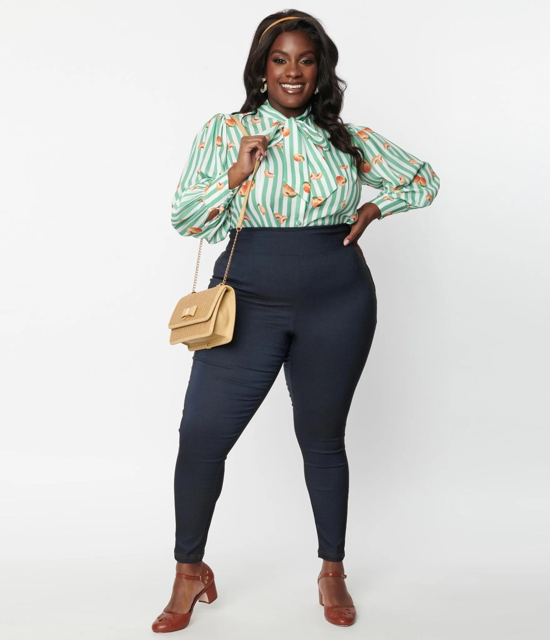 Unique Vintage Plus Size Denim Bengaline & Peach Rizzo Cigarette Pants