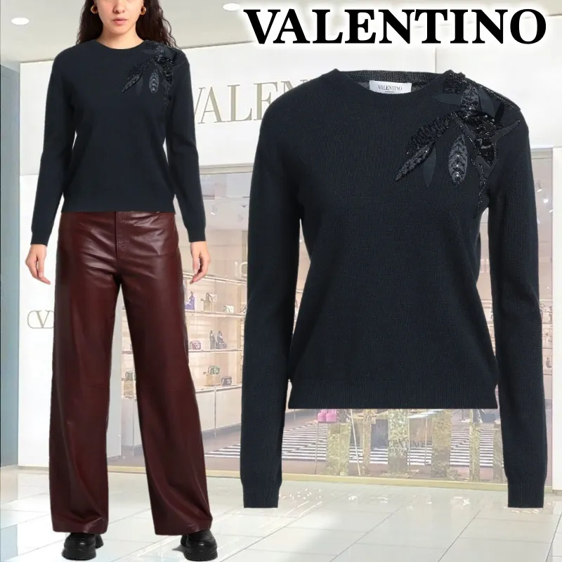 VALENTINO  |Crew Neck Casual Style Long Sleeves Plain With Jewels