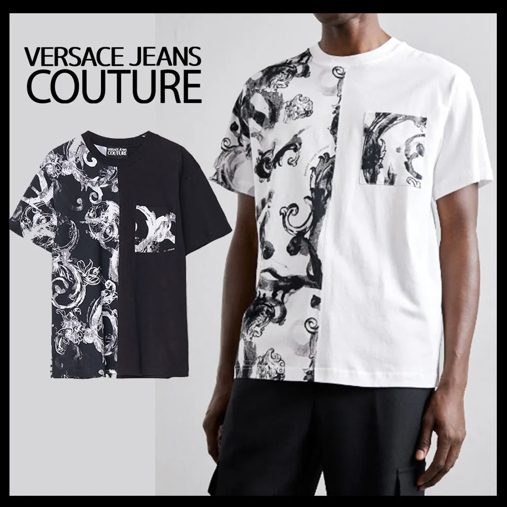 VERSACE JEANS  |Crew Neck Flower Patterns Street Style Bi-color Plain Cotton