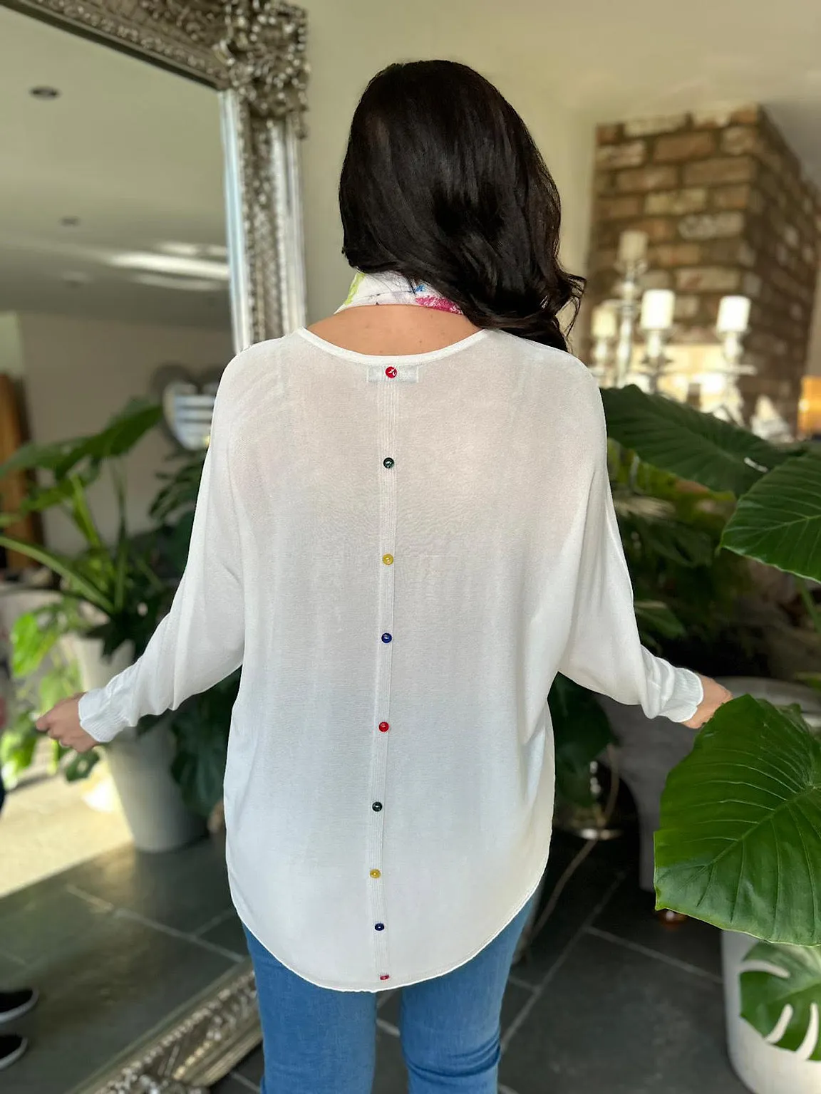 White Button Back Detail Knit Top Lucia