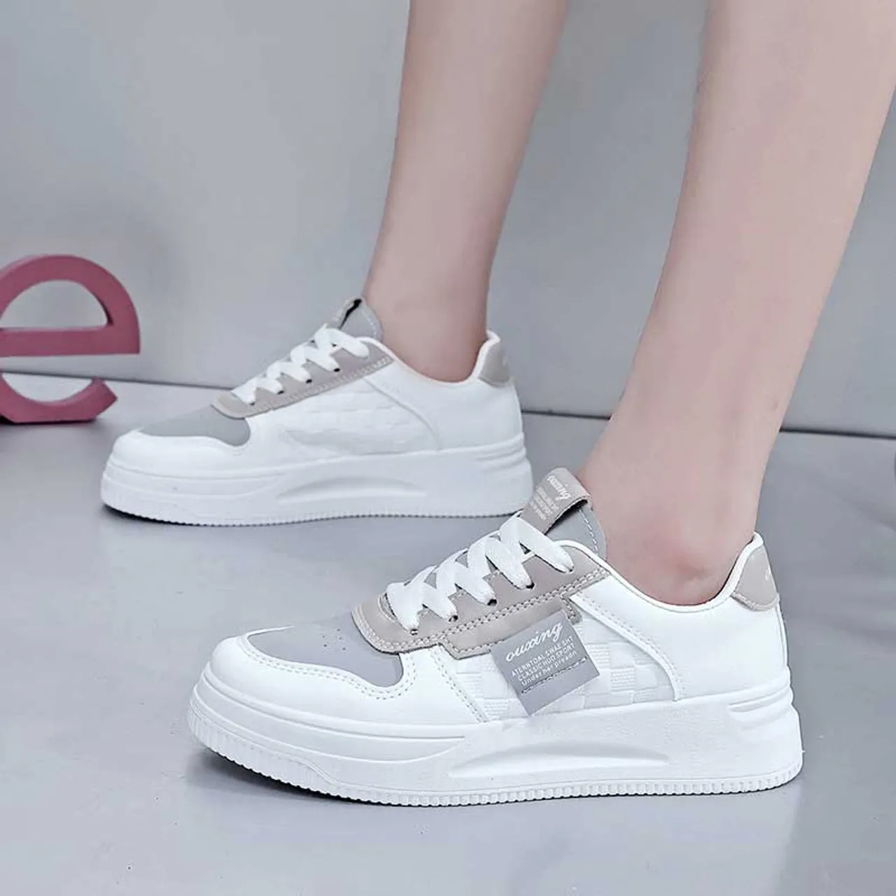 White grey check label pattern shoe sneaker