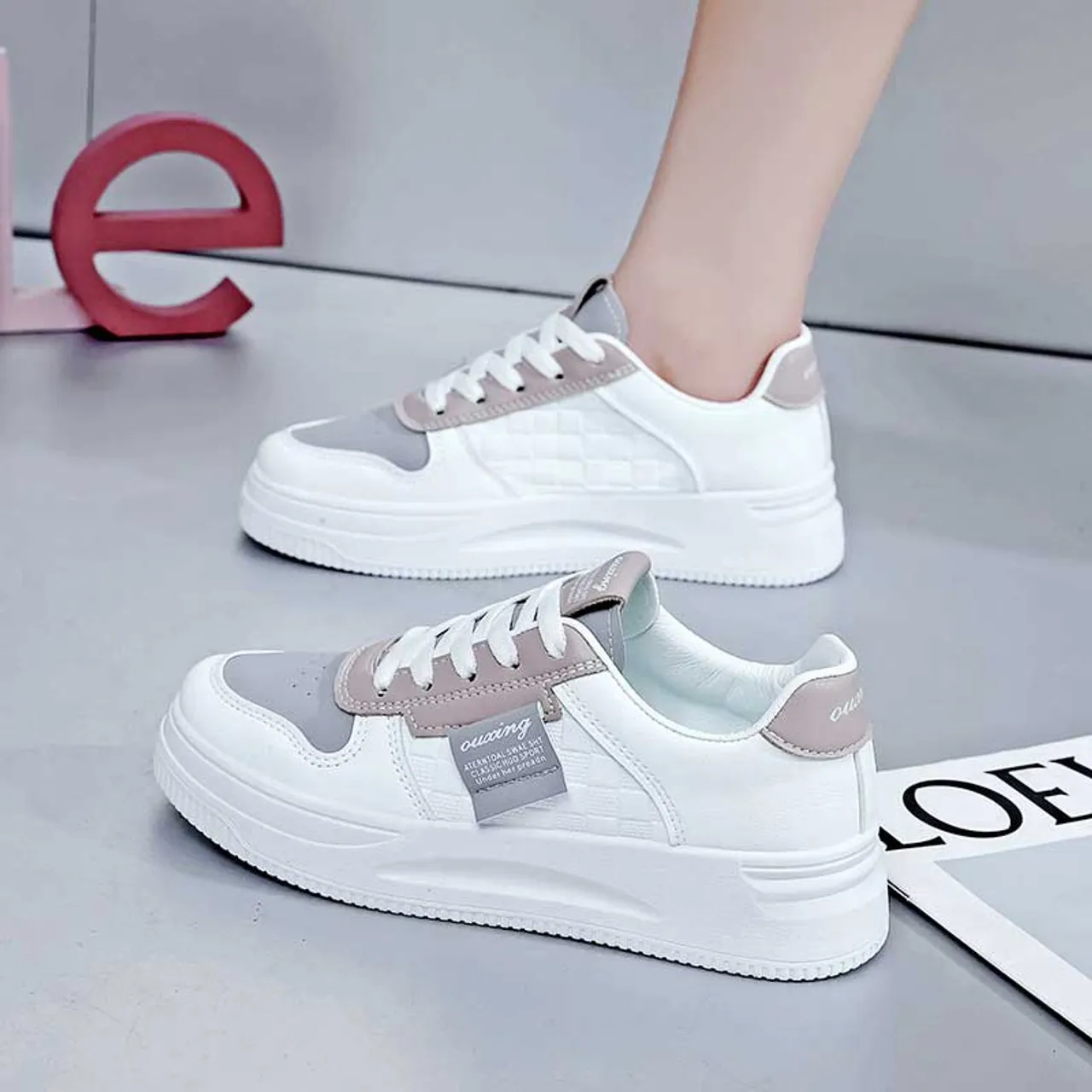 White grey check label pattern shoe sneaker