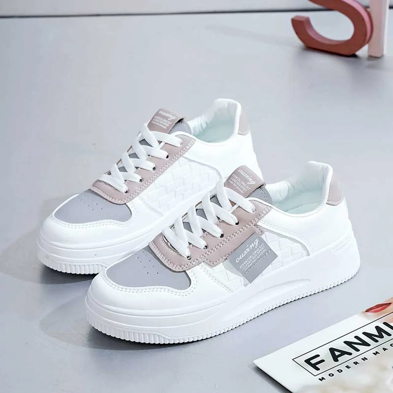 White grey check label pattern shoe sneaker