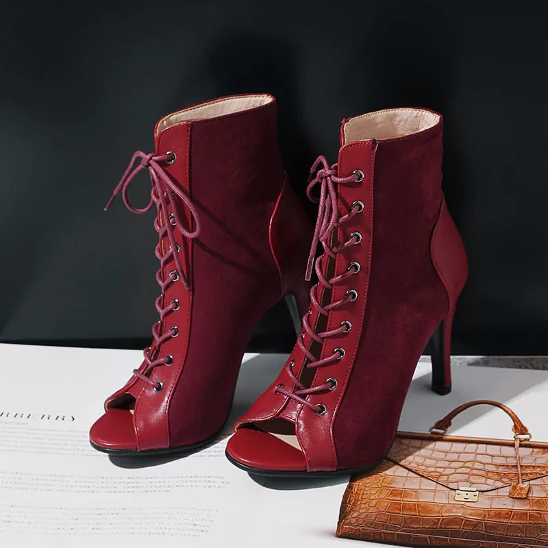 Wine Red Color Cross-tied Peep Toe Lace-up Gladiator Boots for Women