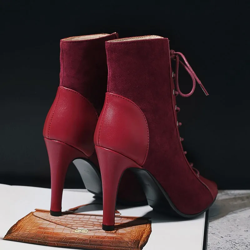 Wine Red Color Cross-tied Peep Toe Lace-up Gladiator Boots for Women