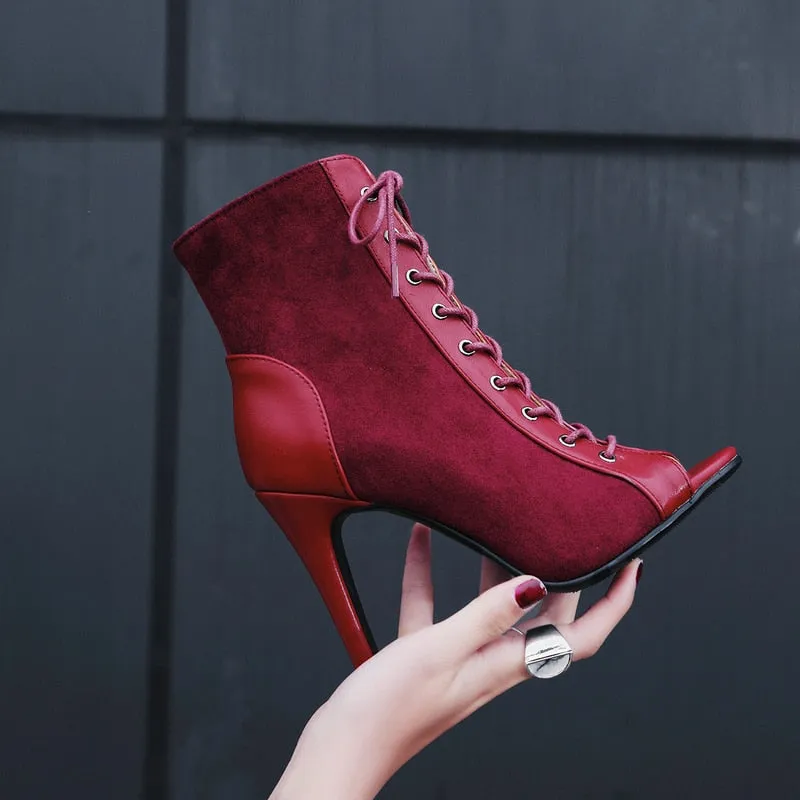 Wine Red Color Cross-tied Peep Toe Lace-up Gladiator Boots for Women