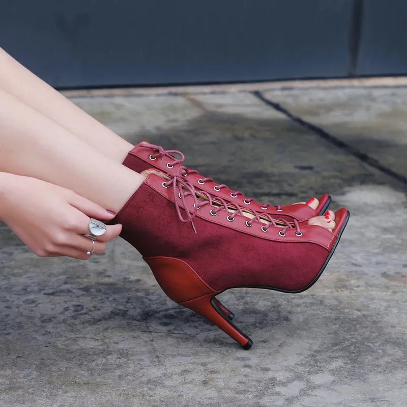 Wine Red Color Cross-tied Peep Toe Lace-up Gladiator Boots for Women