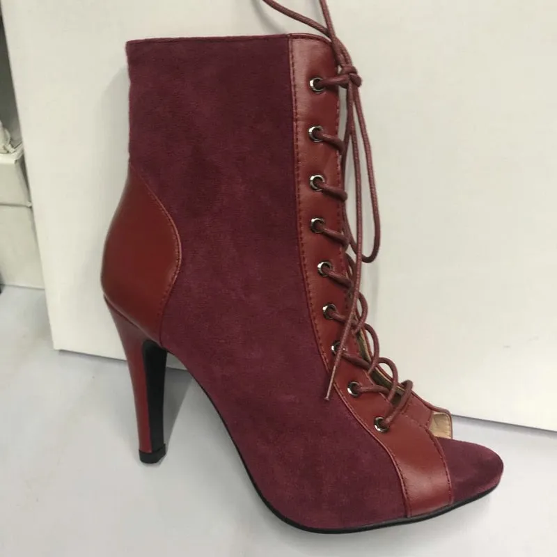 Wine Red Color Cross-tied Peep Toe Lace-up Gladiator Boots for Women