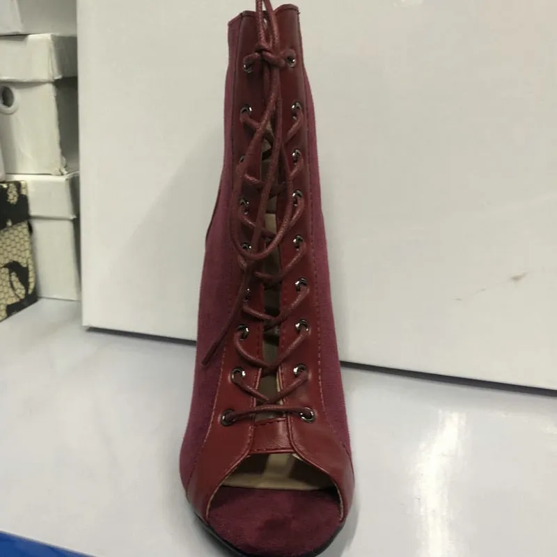 Wine Red Color Cross-tied Peep Toe Lace-up Gladiator Boots for Women