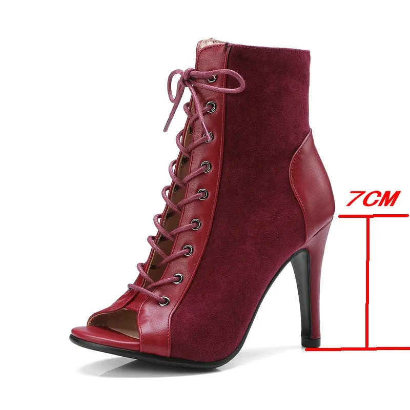 Wine Red Color Cross-tied Peep Toe Lace-up Gladiator Boots for Women