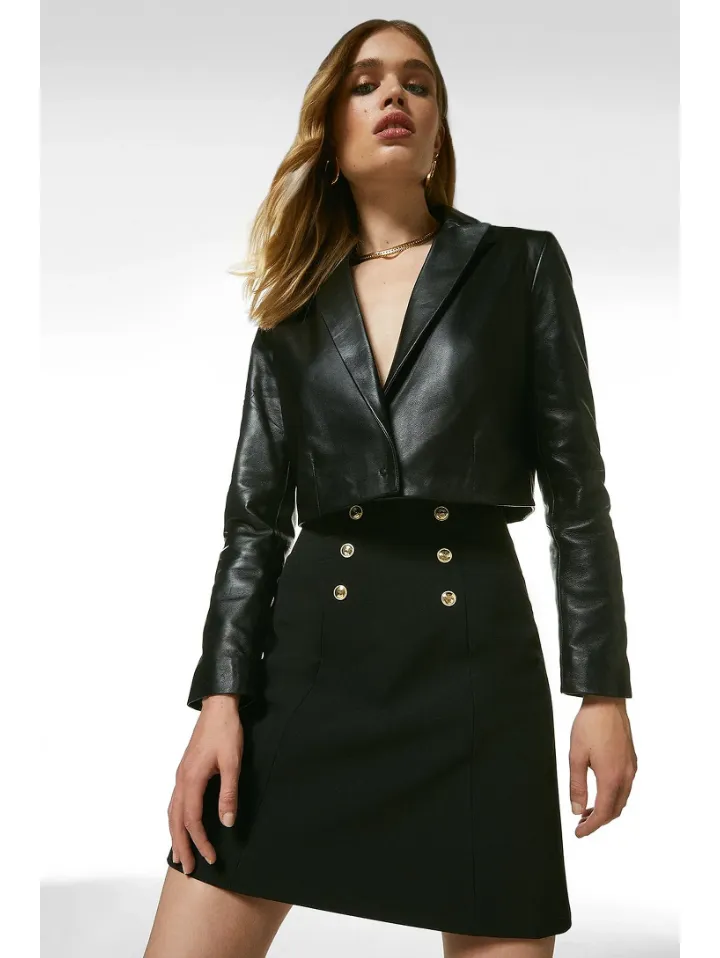 Women’s Black Sheepskin Leather Blazer Cropped Short Fit