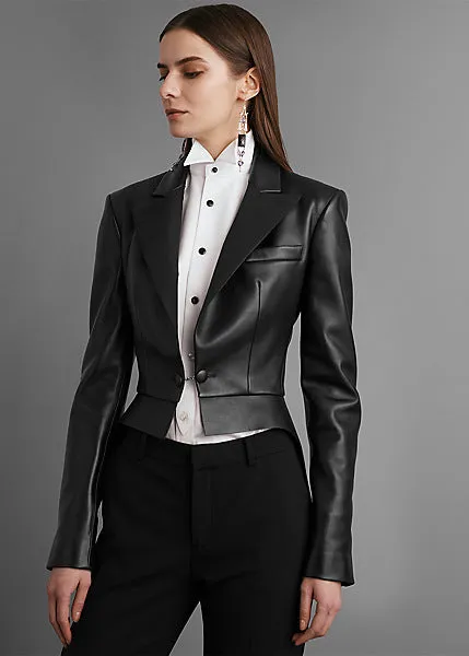 Women’s Black Sheepskin Leather Tuxedo Blazer