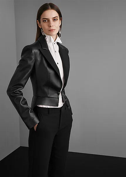 Women’s Black Sheepskin Leather Tuxedo Blazer