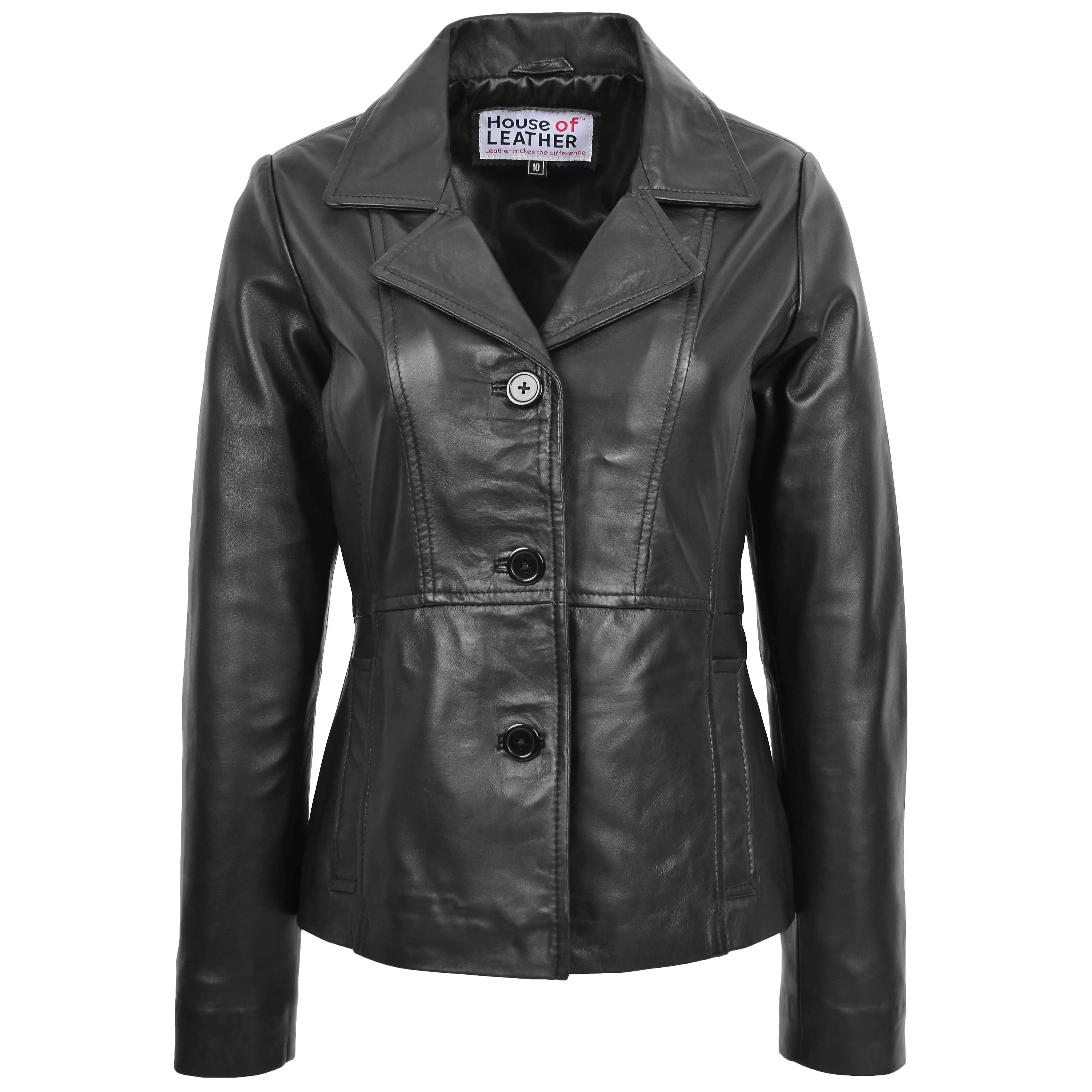 Womens Classic Three Button Leather Blazer Ruth Black