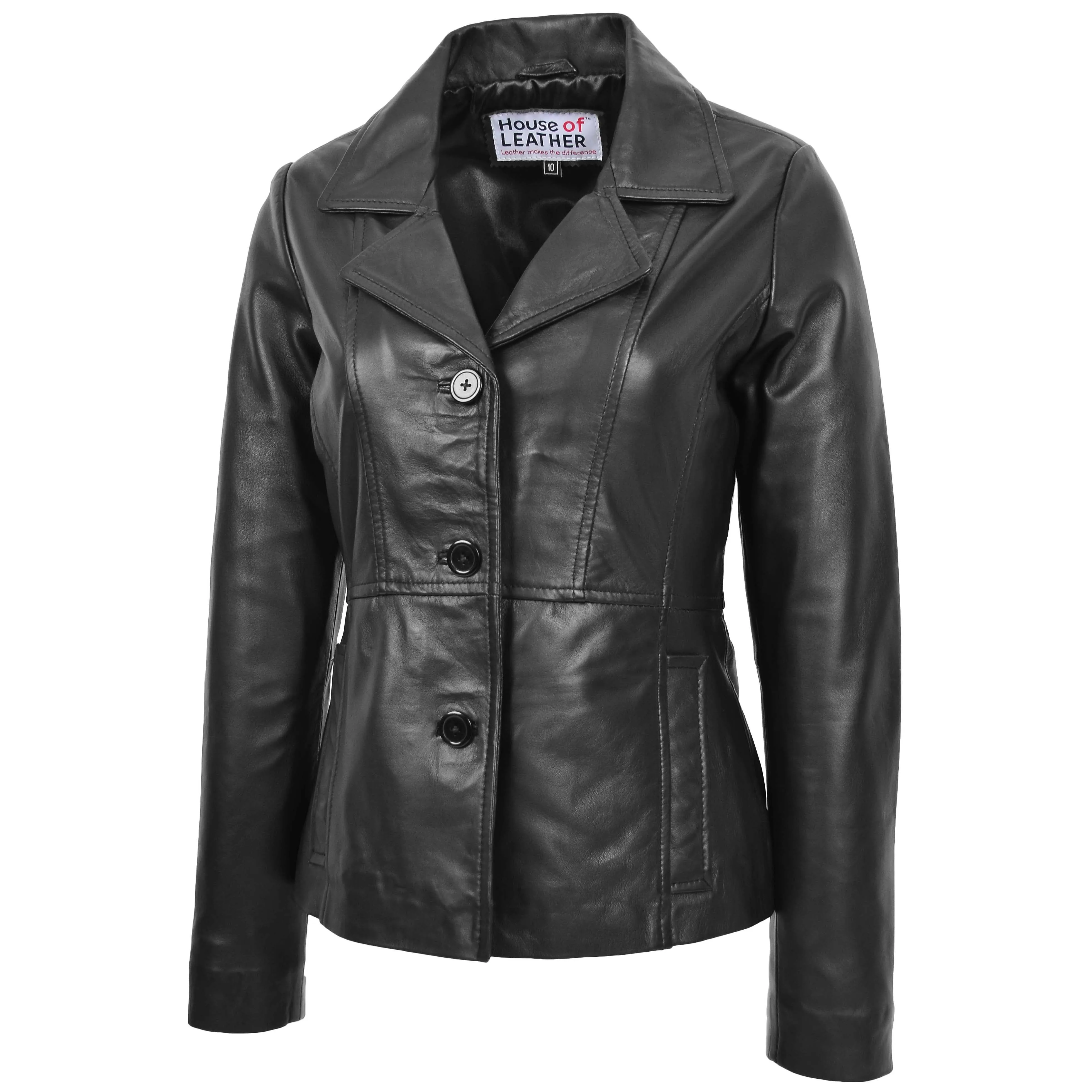 Womens Classic Three Button Leather Blazer Ruth Black